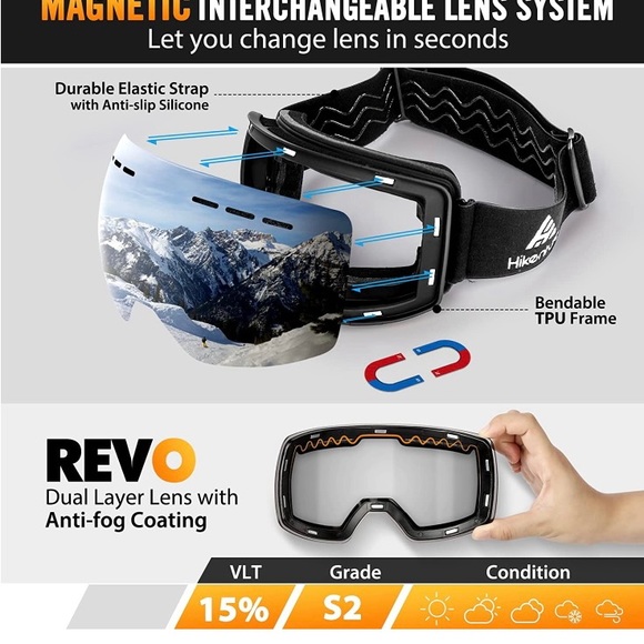 Hikenture Magnetic Ski Goggles, Snowboard Goggles Over Glasses, Anti Fog - Picture 2 of 7